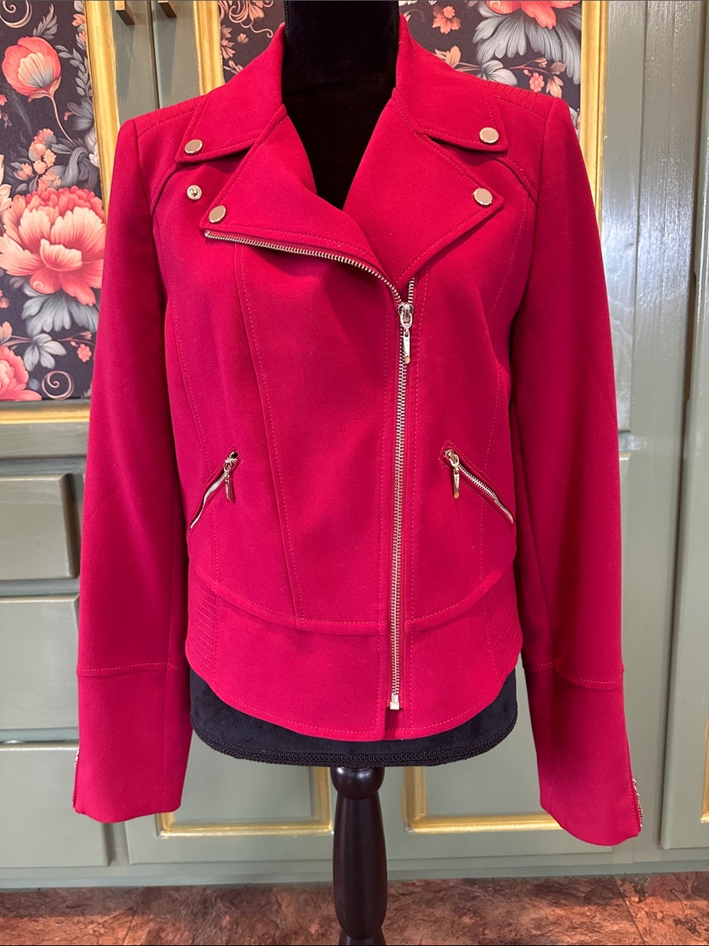 White House Black Market burgandy/wine colored Moto-Style gold- Zip Jacket.